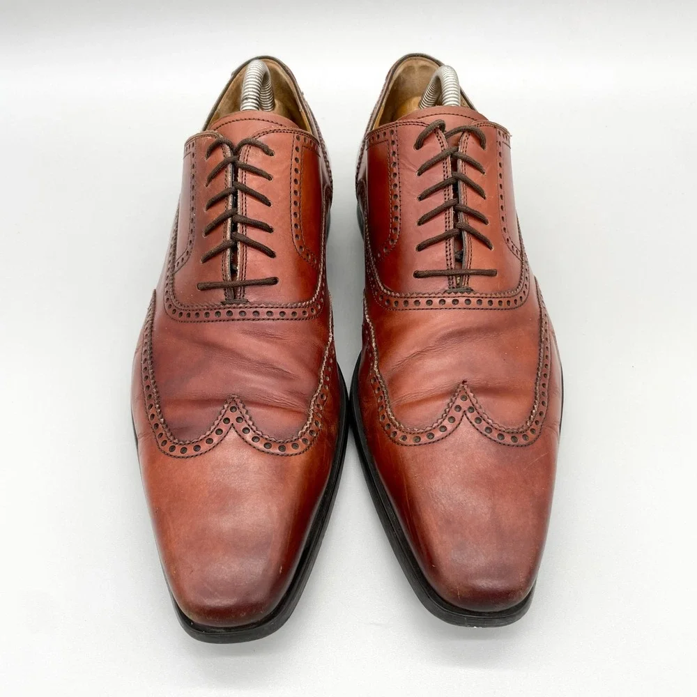 Magnanni Neiman Marcus Mens 9 M Cognac Leather Wingtip Oxford Shoes Brogue Derby_3